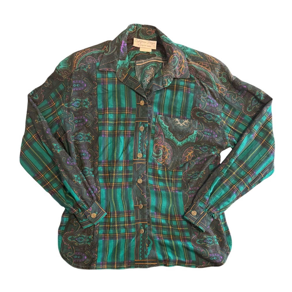 California Design Dorothy Samuel Blouse Womens 10 Plaid Paisley Shoulder Pad